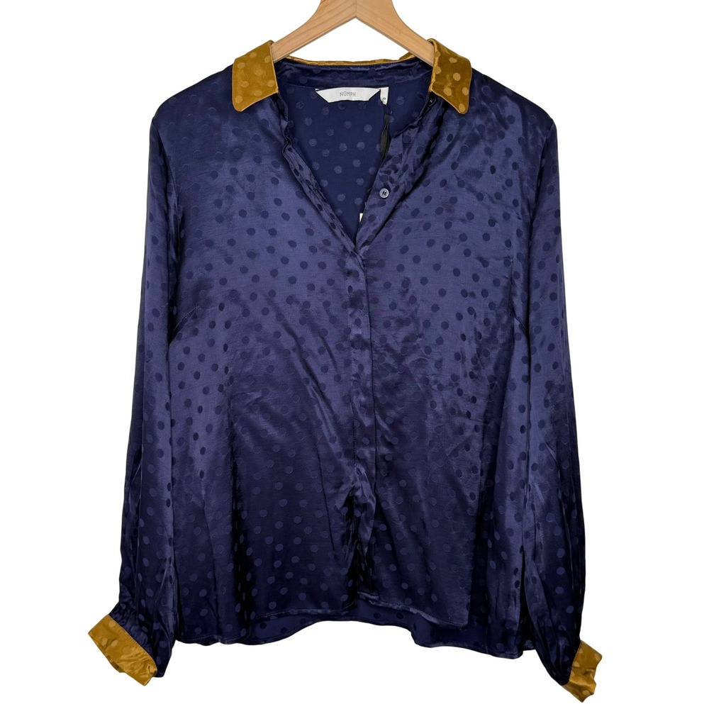Numph Blouse Womens 40 Navy Blue Polka Dot Satin fall chic minimalist Shirt NEW